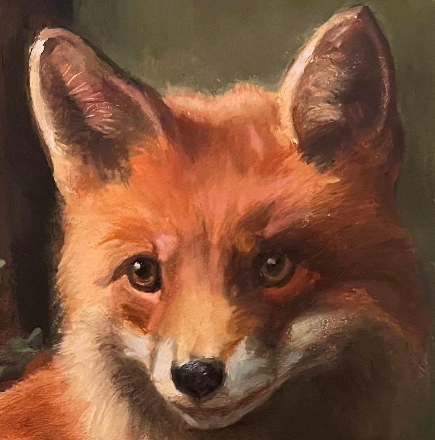 Enchanting Fox Poised Alertly Amidst a Landscape of Woodland Serenity - Painting by Valarie Wolf