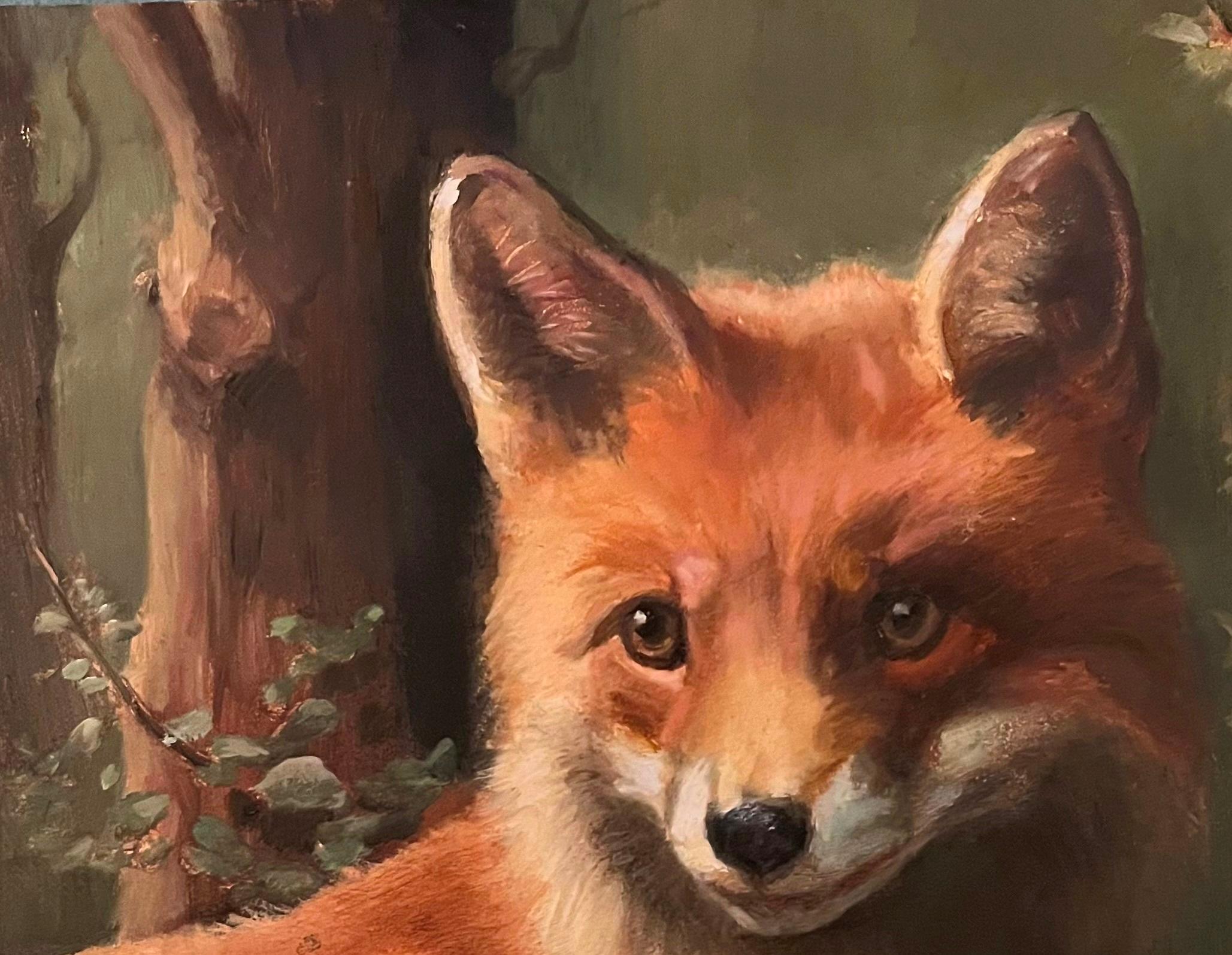 Enchanting Fox Poised Alertly Amidst a Landscape of Woodland Serenity - Realist Painting by Valarie Wolf