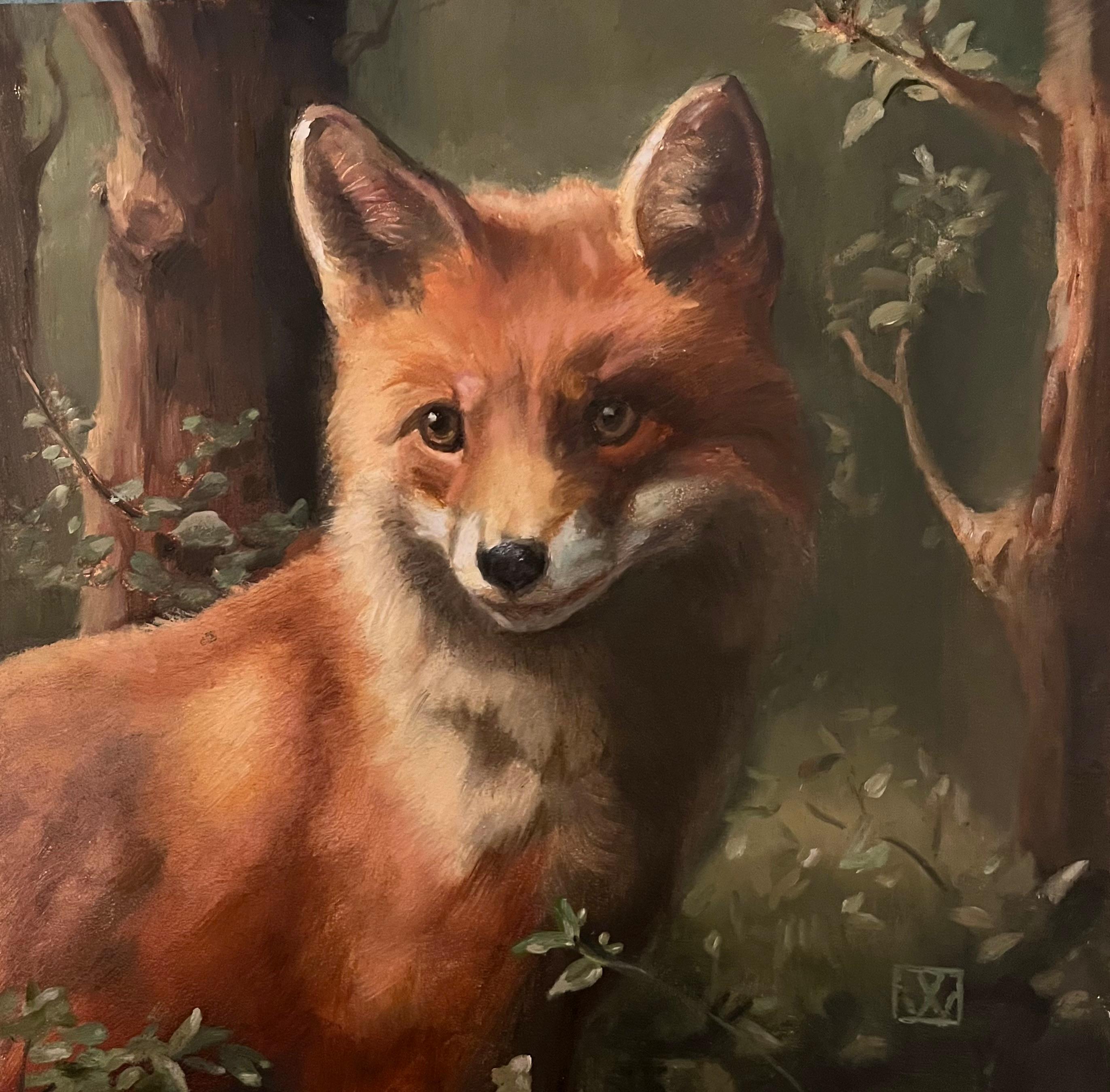 Valarie Wolf Landscape Painting - Enchanting Fox Poised Alertly Amidst a Landscape of Woodland Serenity
