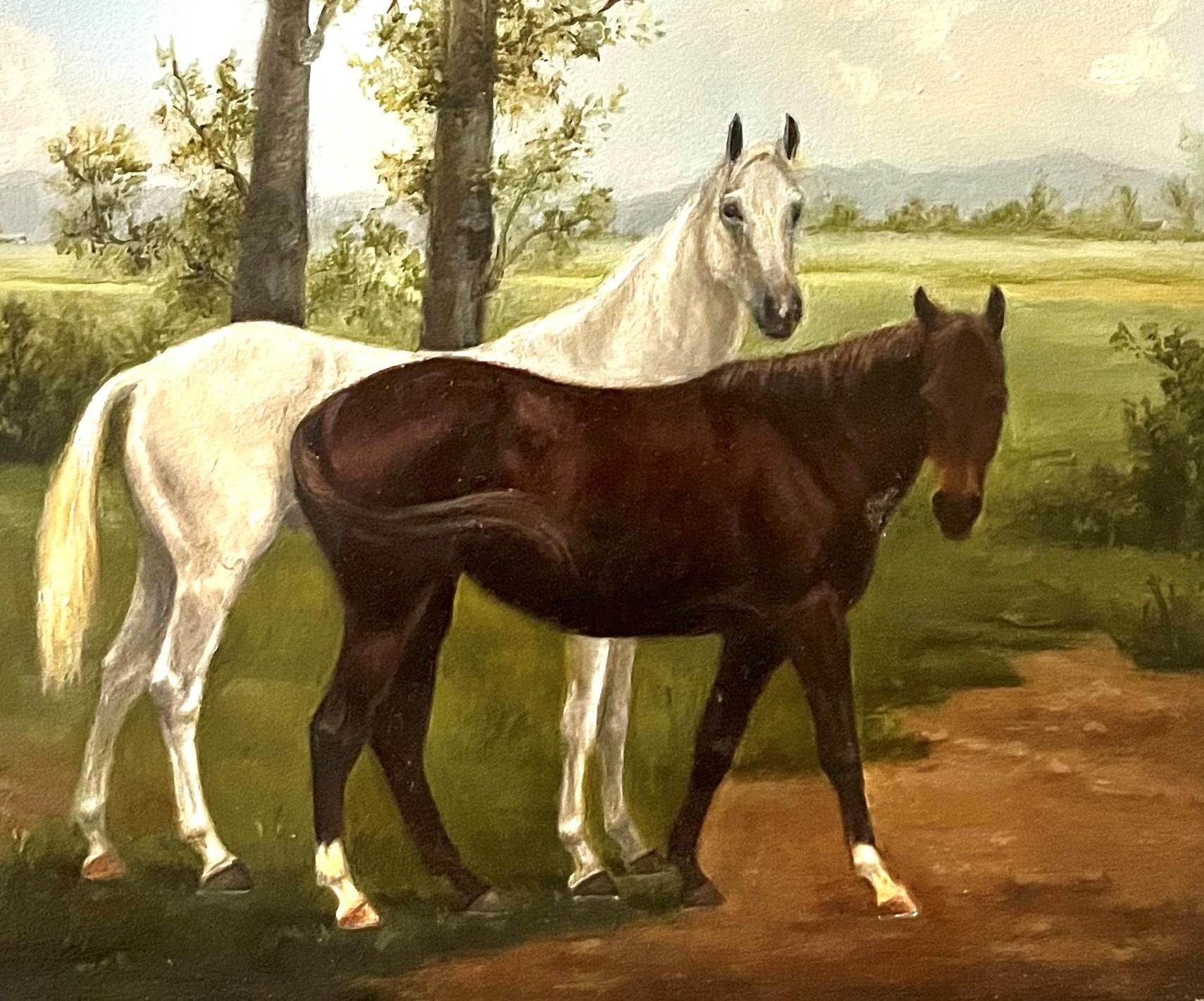 Bezauberndes, ikonisches Gemälde von Alert Horses in einer charmanten pastoralen Szene – Painting von Valarie Wolf