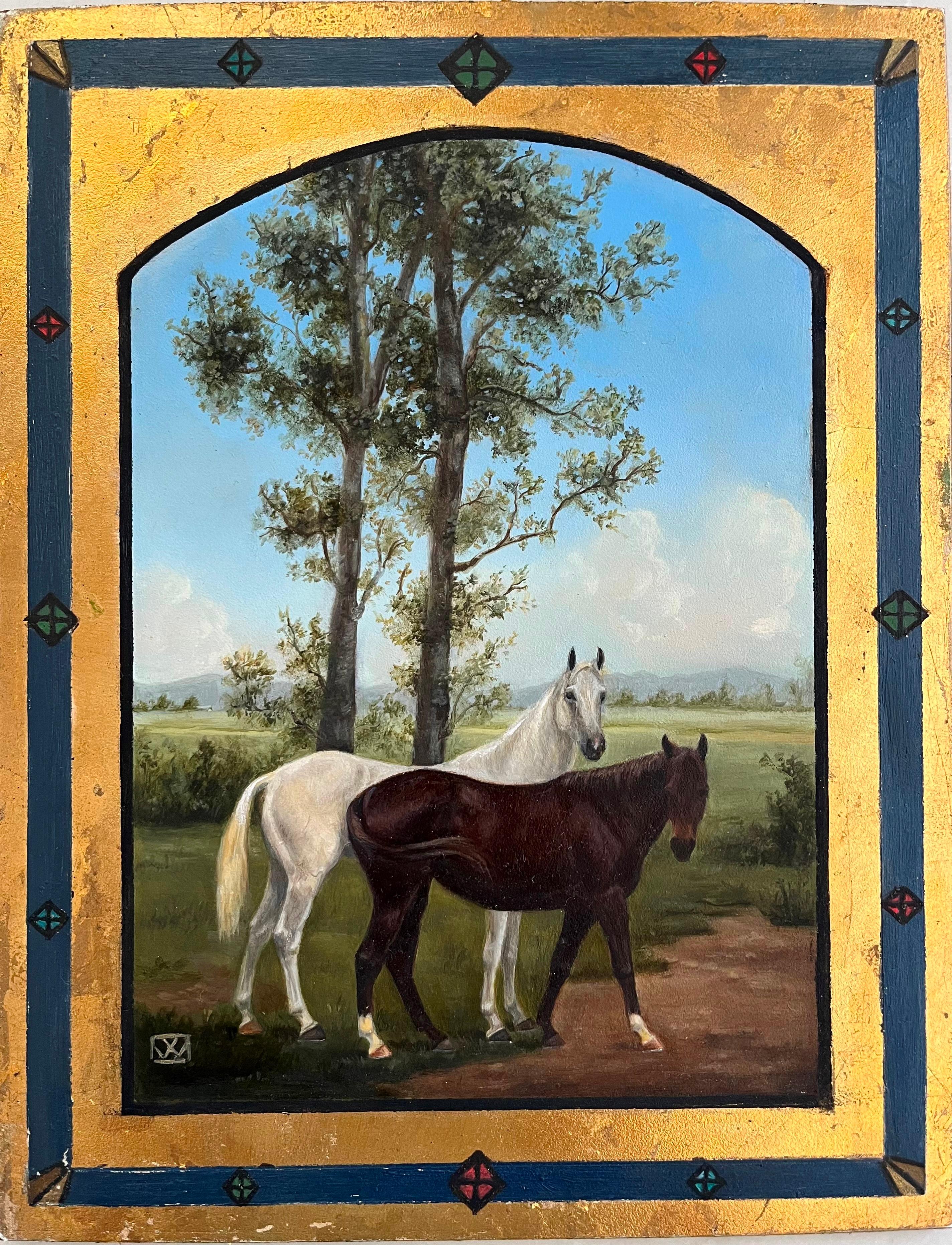 Valarie Wolf Landscape Painting - Enchanting Iconlike Painting of Alert Horses in a Charming Pastoral Scene