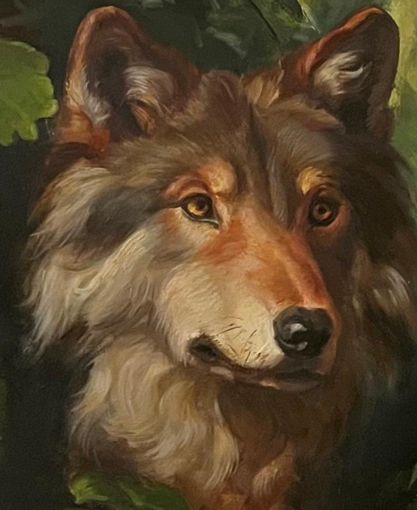 Wolf Guardian Peering From the Shadows in a Woodland Landscape - Painting by Valarie Wolf