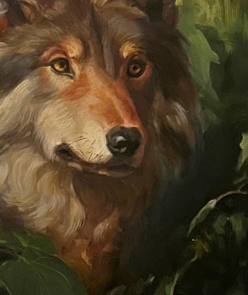 Wolf Guardian Peering From the Shadows in a Woodland Landscape - Realist Painting by Valarie Wolf