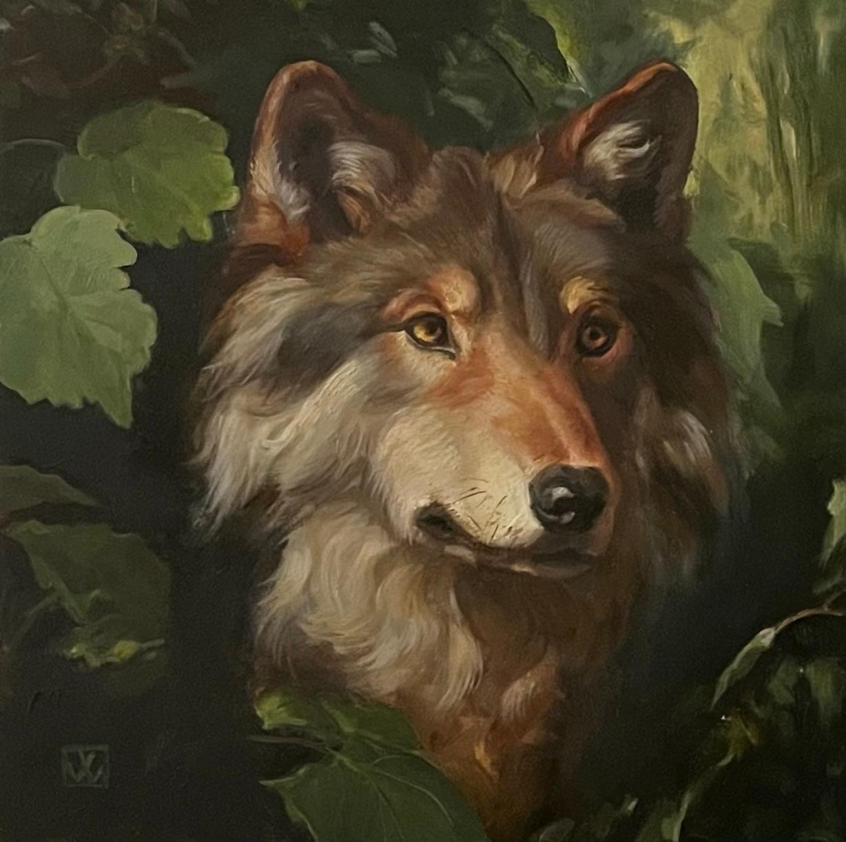 Valarie Wolf Landscape Painting - Wolf Guardian Peering From the Shadows in a Woodland Landscape