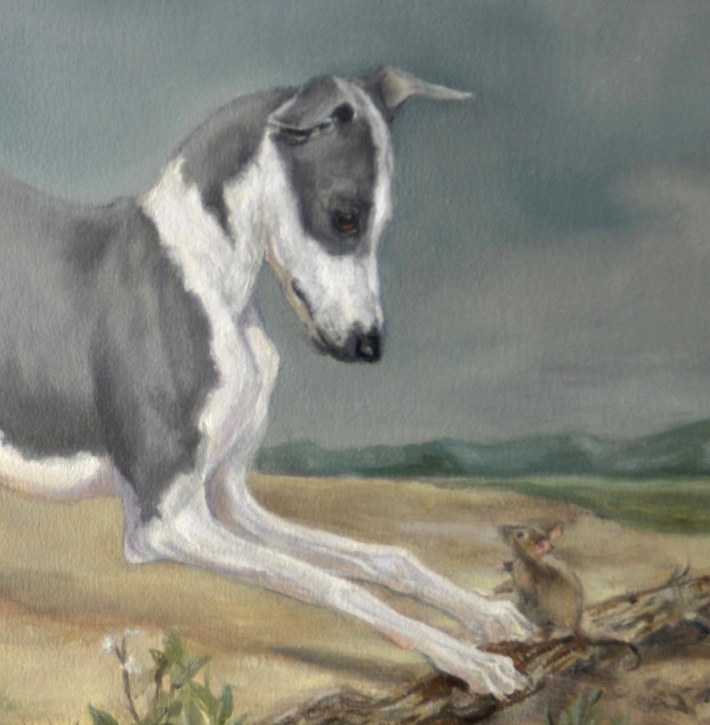 Italian Greyhound dog greets a little mouse in a countryside landscape painting - Painting by Valarie Wolf