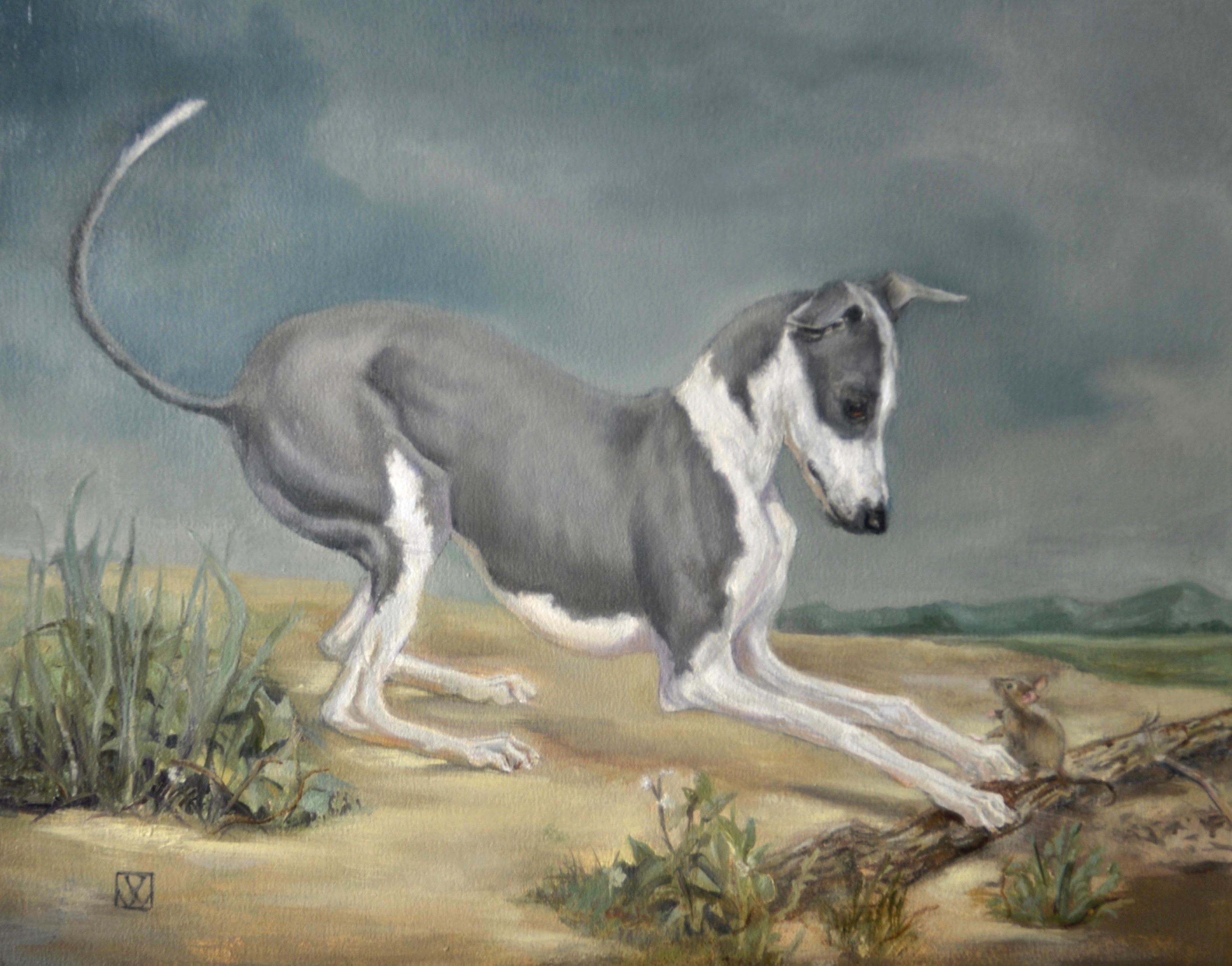 Valarie Wolf Landscape Painting - Italian Greyhound dog greets a little mouse in a countryside landscape painting