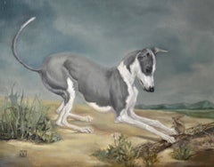 Italian Greyhound dog greets a little mouse in a countryside landscape painting