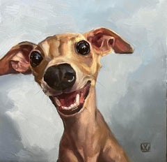 Italian Greyhound smiles happily for the camera in neutral colored dog painting