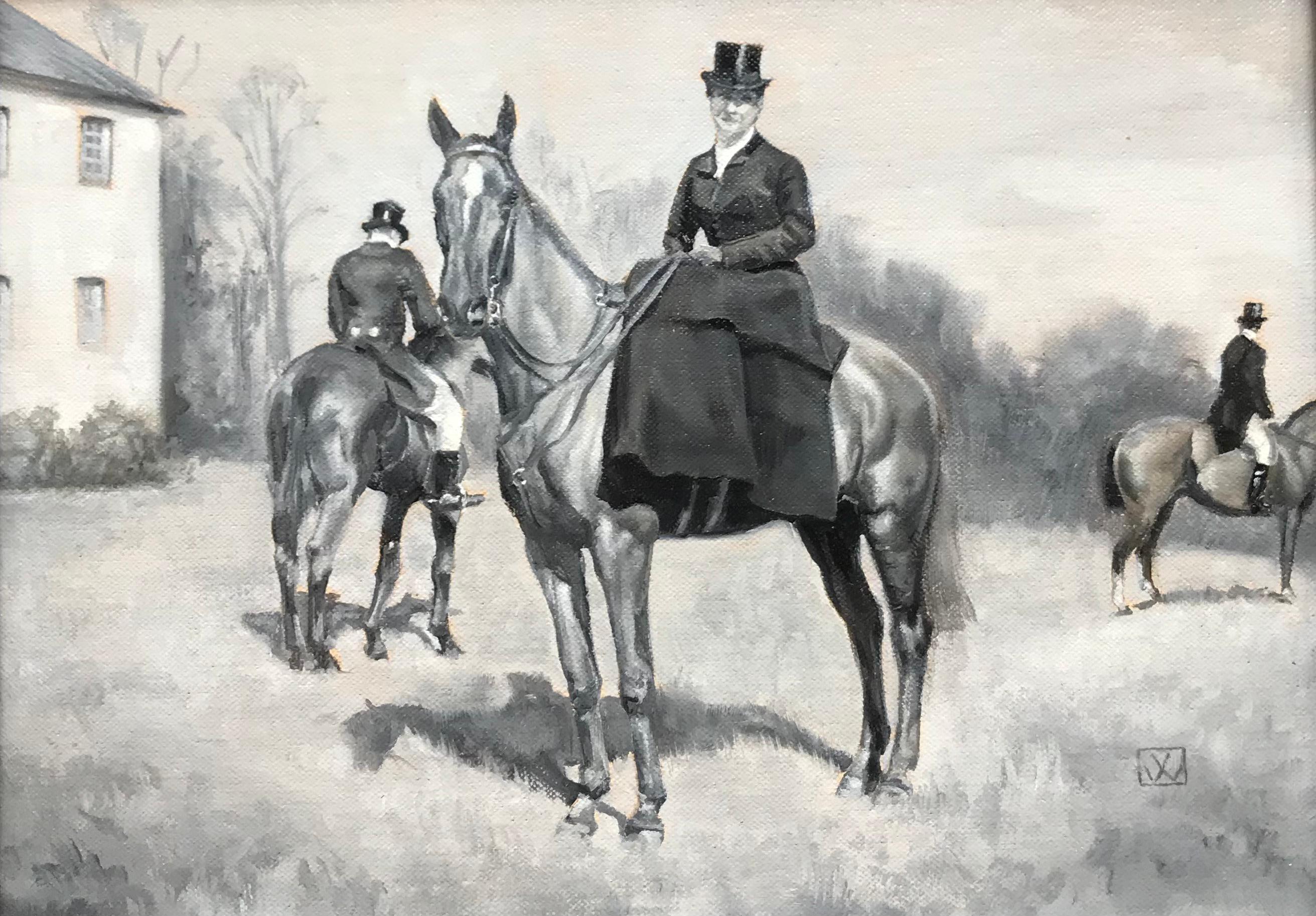 Valarie Wolf Figurative Painting - Monochrome Horse Painting of Riders with a Side Saddle Rider Evokes the Past