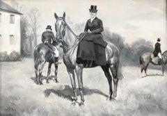 Peinture équestre monochrome de cavaliers avec un cavalier en selle de côté évoquant le passé