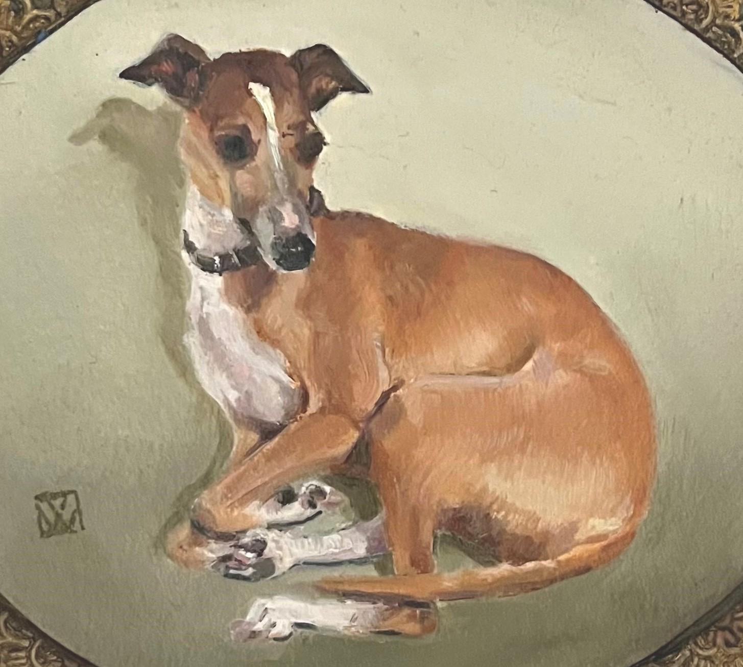 Ölgemälde Italienischer Windhund gemütlich in antikem Florentiner Rahmen eingebettet – Painting von Valarie Wolf