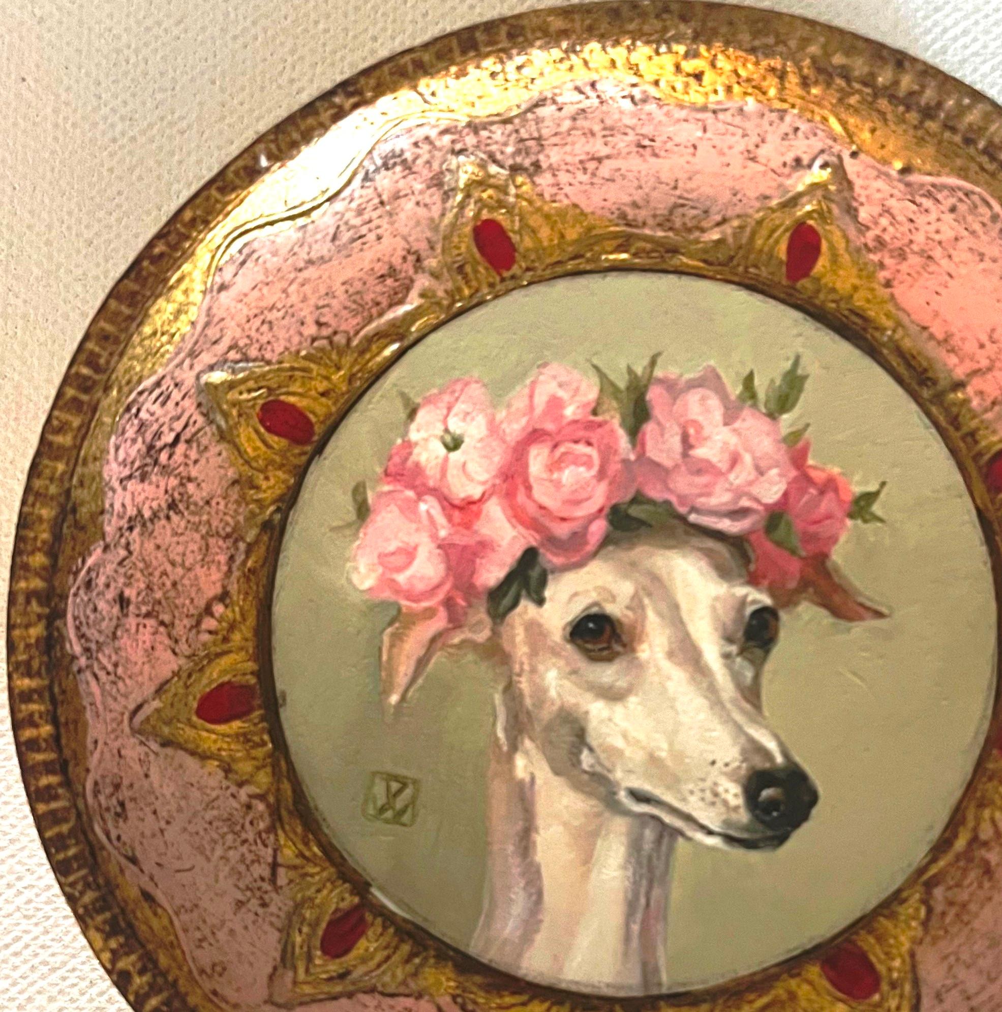 Oil Painting Italian Greyhound with a Crown of Roses in Antique Florentine Frame - Brown Animal Painting by Valarie Wolf