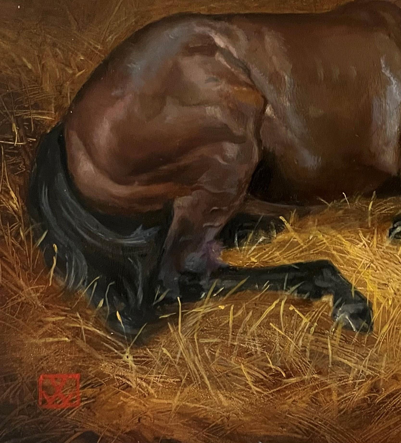 Painting of a Horse Waking up after a Comfortable Snooze in A Cozy Sunlit Stall  For Sale 1