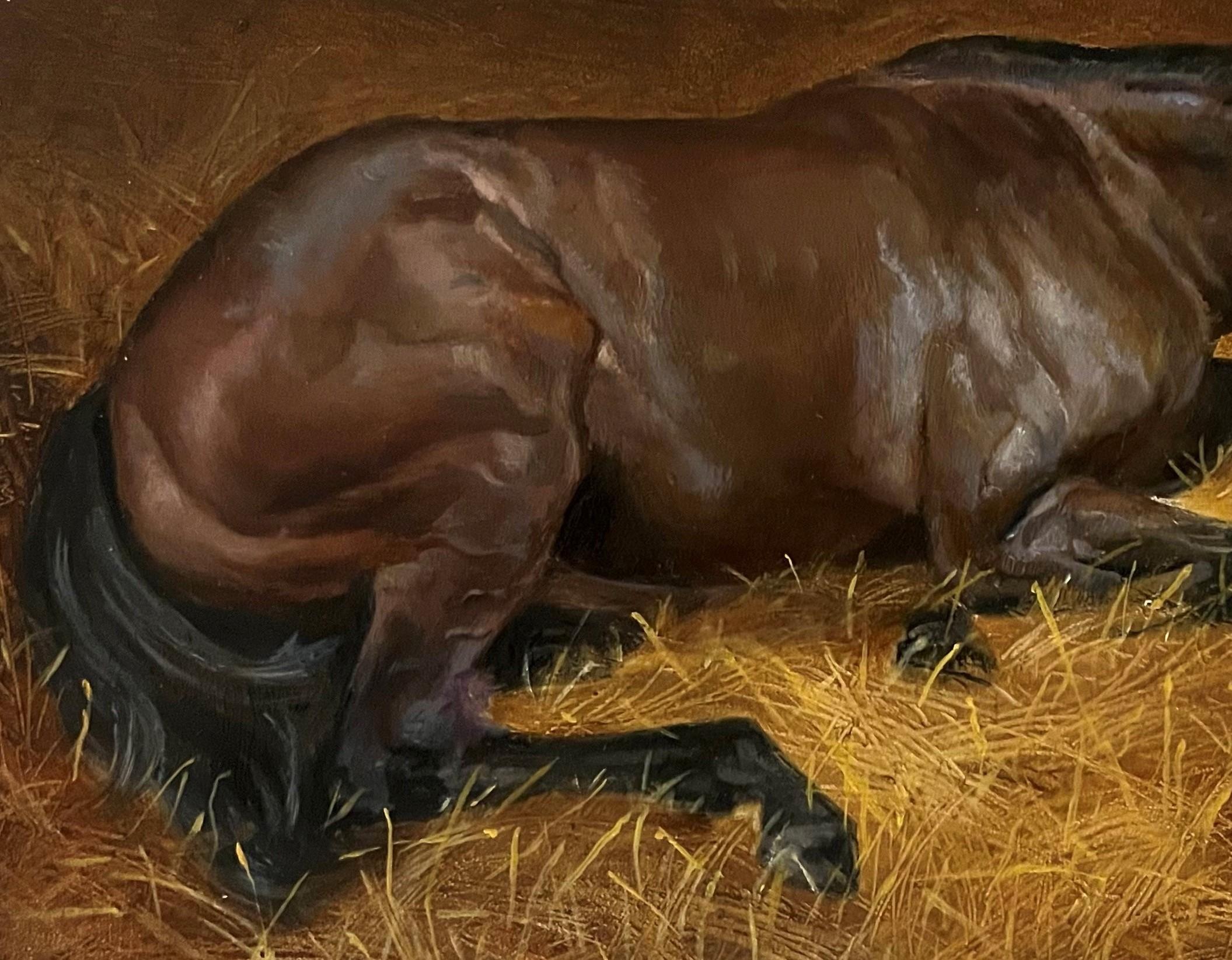 Painting of a Horse Waking up after a Comfortable Snooze in A Cozy Sunlit Stall  For Sale 2