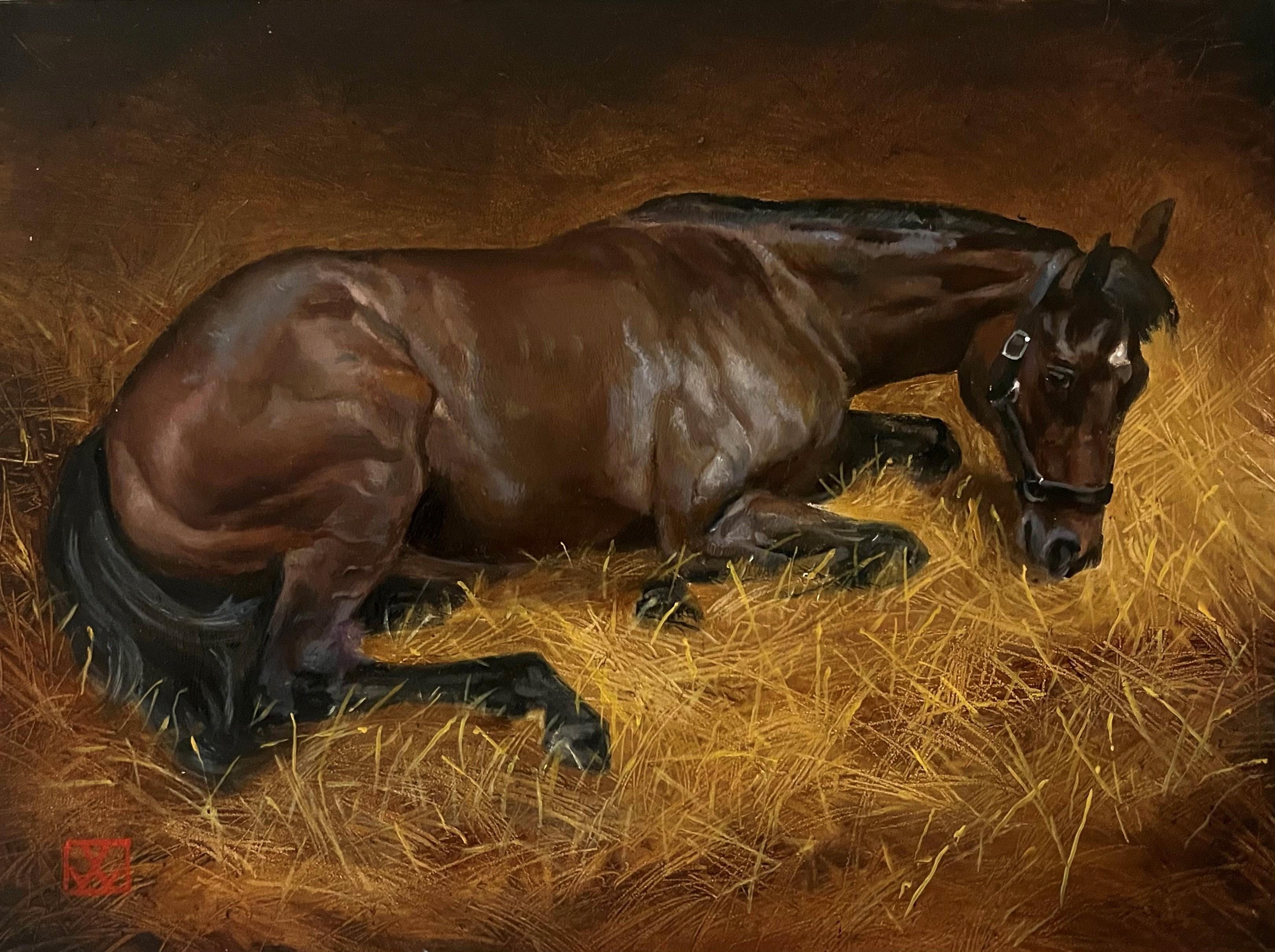 Valarie Wolf Portrait Painting - Painting of a Horse Waking up after a Comfortable Snooze in A Cozy Sunlit Stall 