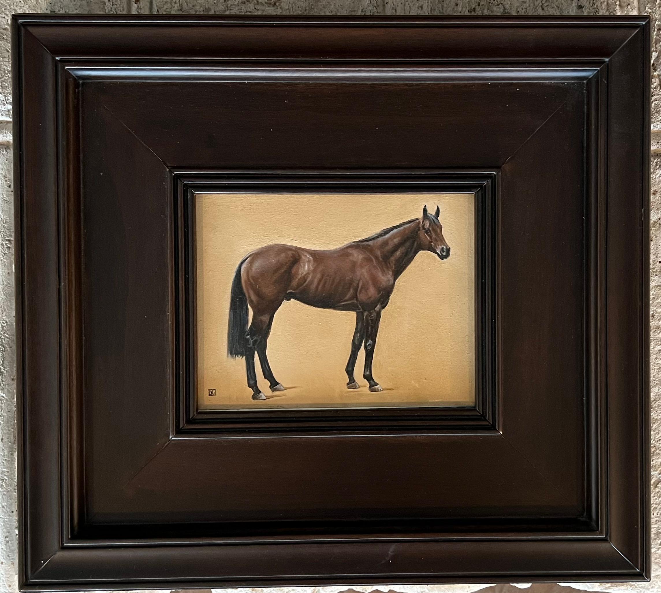 Realist Bay horse painting with a warm tan background with a 3 1/2