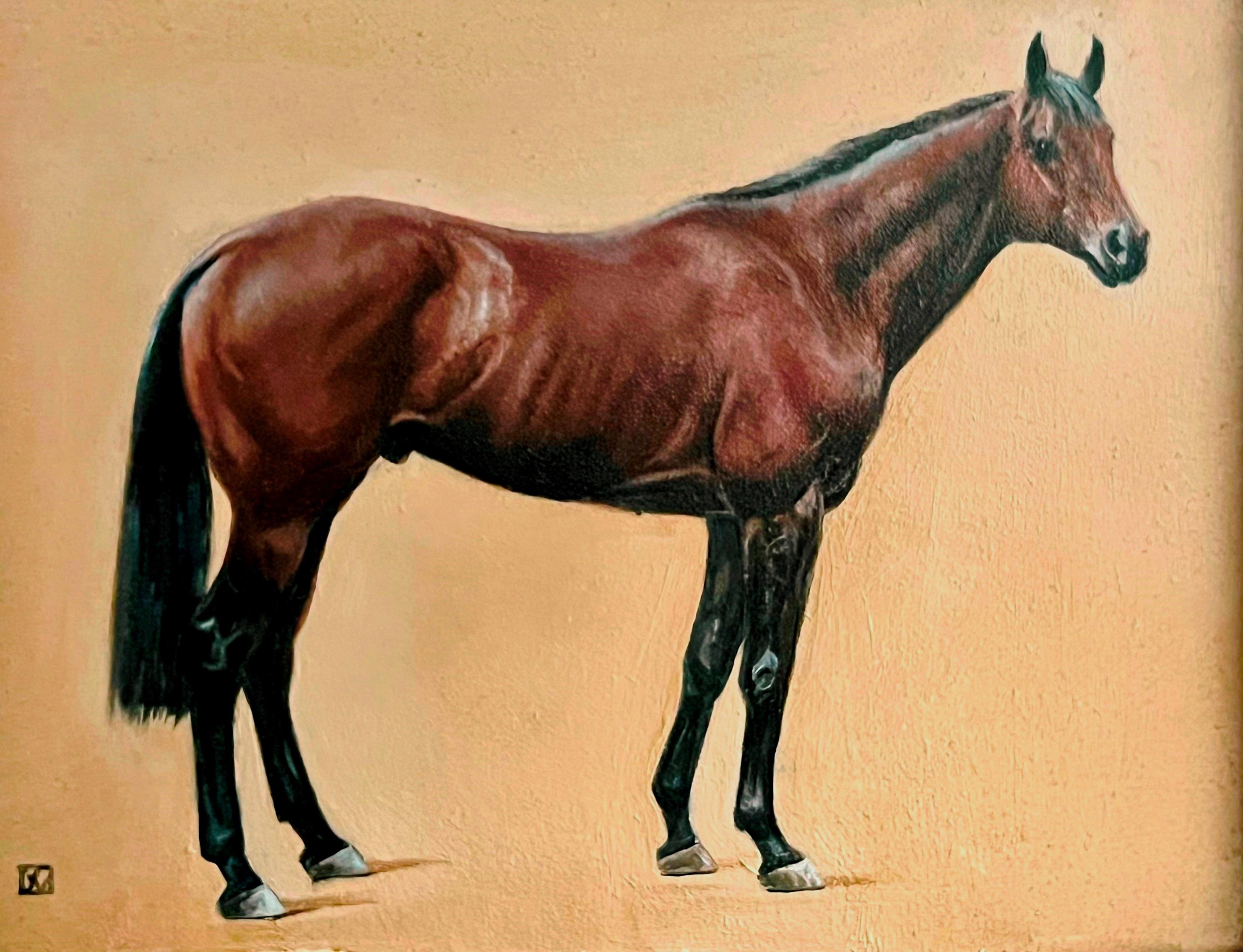 Valarie Wolf Portrait Painting - Realist Bay horse painting with a warm tan background with a 3 1/2" walnut frame