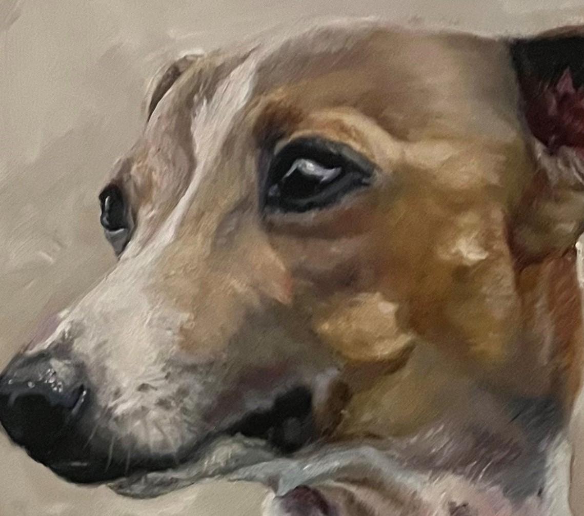 Valarie Wolf's sighthound dog painting is of an Italian Greyhound with a beautiful collar. The Italian Greyhound, a sighthound dog, has the poise of a model with a glamorous collar which was just purchased by its owner while shopping on Fifth