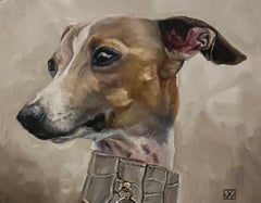 Vintage  Sighthound Dog Painting of an Italian Greyhound with a Beautiful Collar