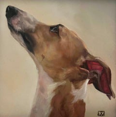 Small Dog Painting of a Sighthound Sniffing for the Next Meal or Cat Next Door