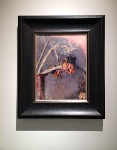 Tournesol imprimé en rose et pêche sur verre de musée avec feuilles d'or blanc et d'argent