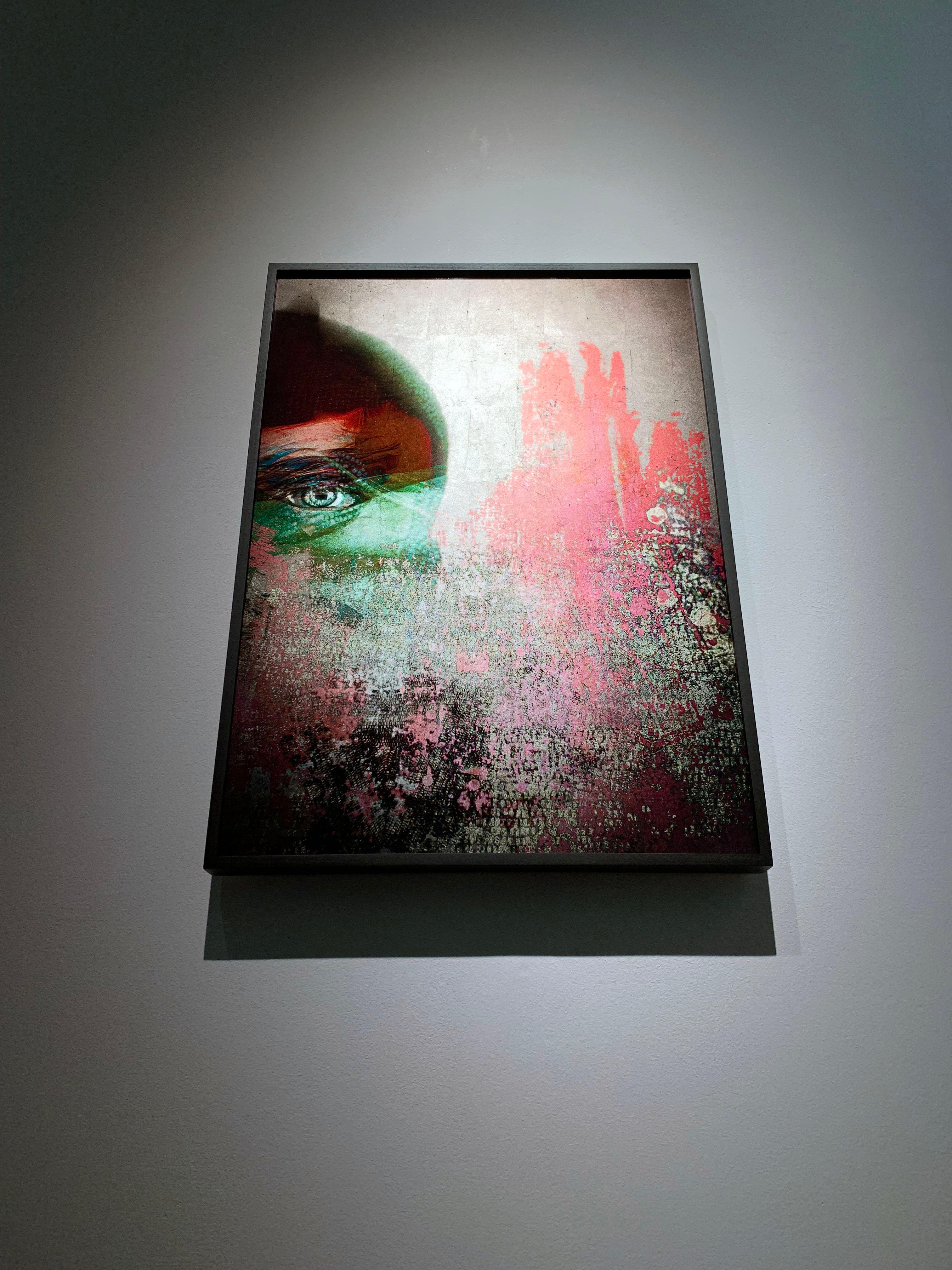 Mysterious face and the eye in pastel colours Print with Rose Gold leaf on Glass - Photograph by Valda Bailey