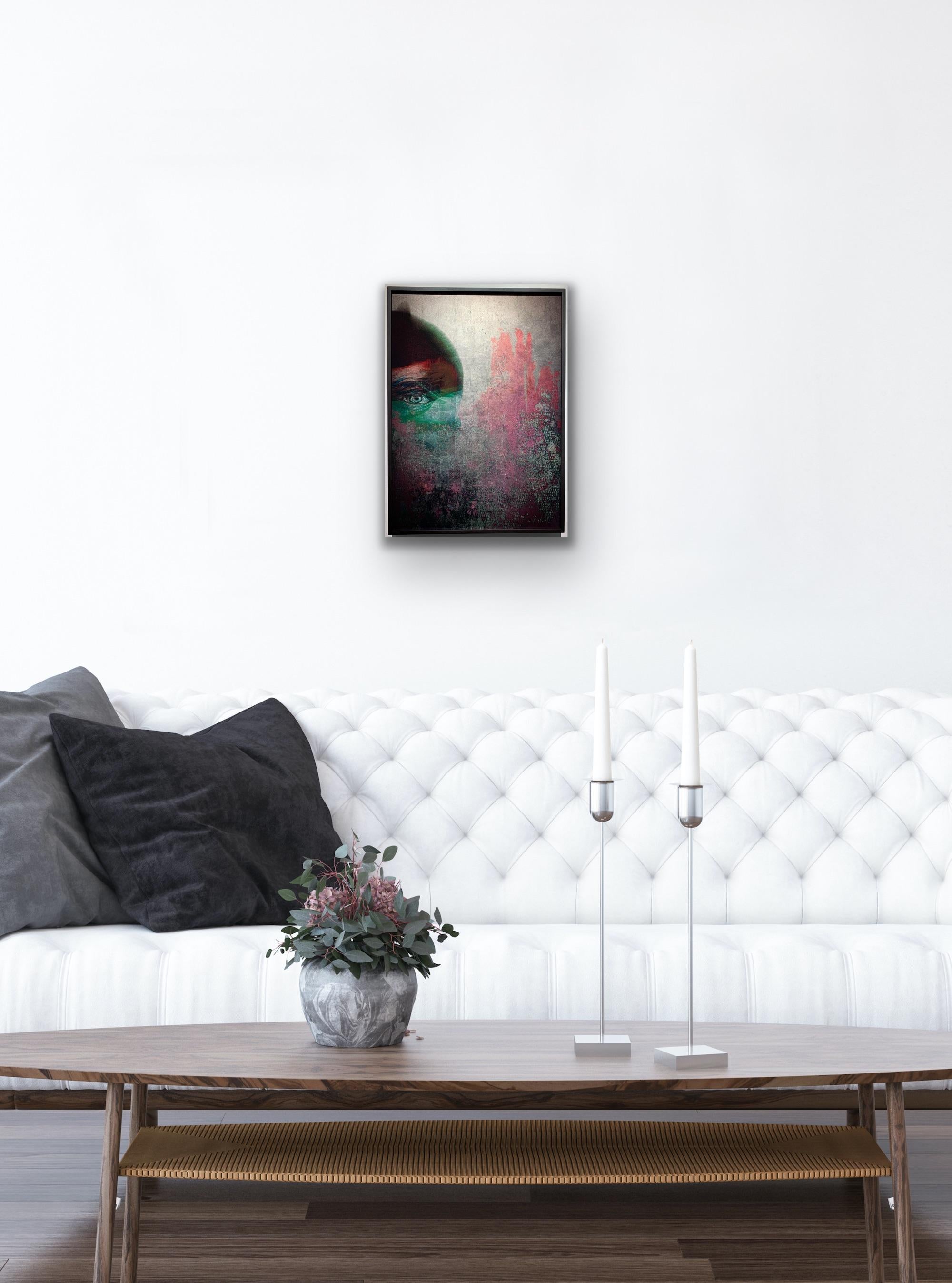 Mysterious face and the eye in pastel colours Print with Rose Gold leaf on Glass For Sale 1