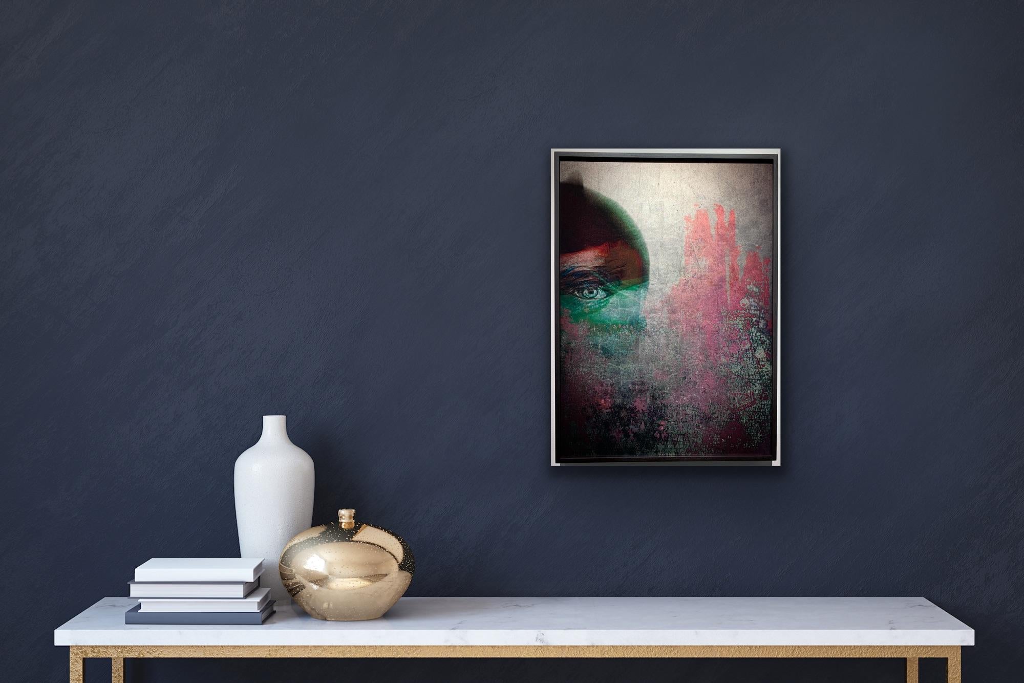 Mysterious face and the eye in pastel colours Print with Rose Gold leaf on Glass - Contemporary Photograph by Valda Bailey