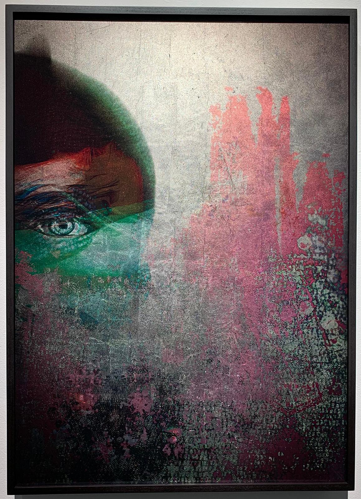 Valda Bailey Color Photograph - Mysterious face and the eye in pastel colours Print with Rose Gold leaf on Glass