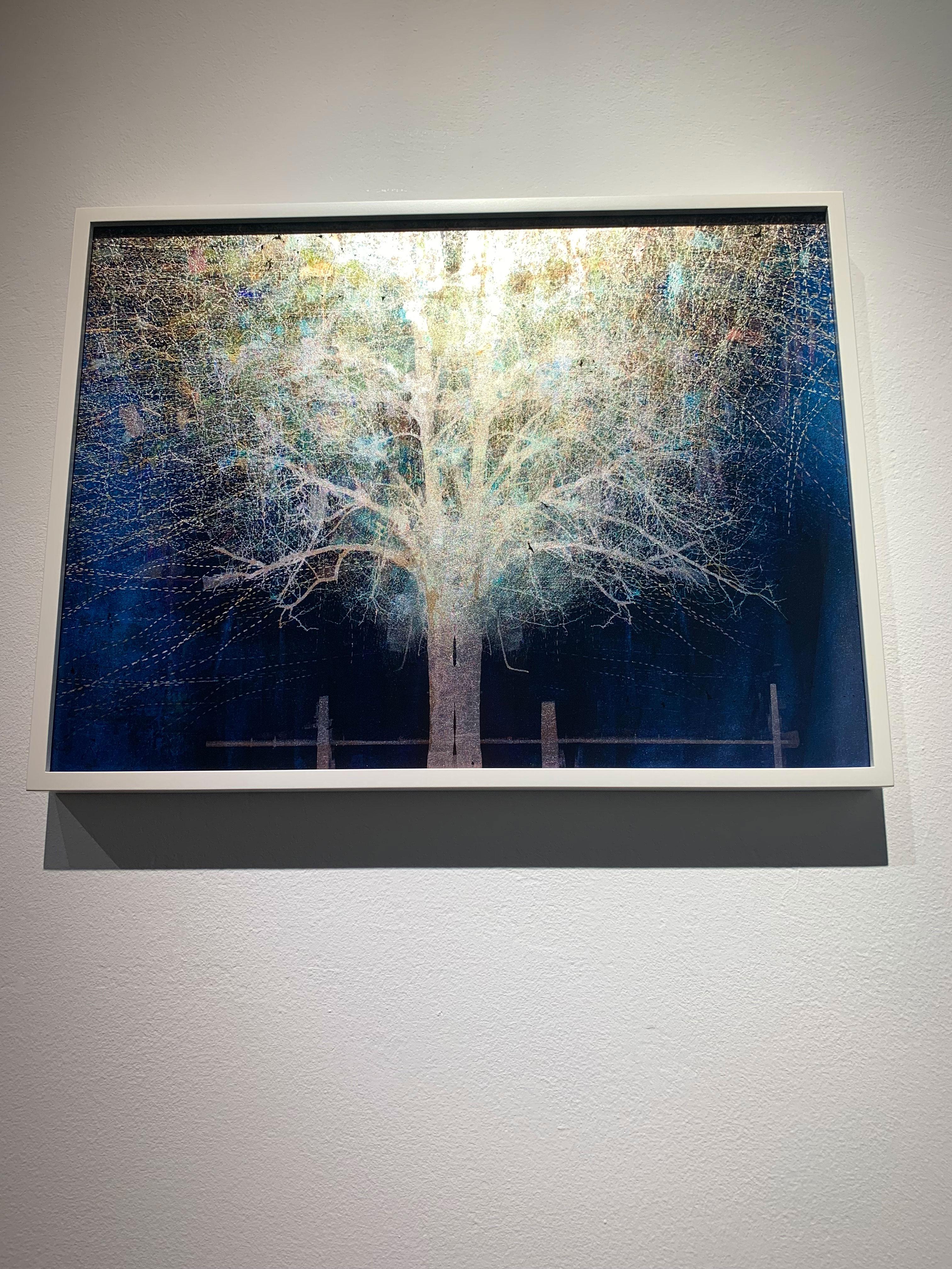 Impression d'arbre en forme de lune montante bleue sur verre avec feuille d'or blanc dans un cadre blanc - Photograph de Valda Bailey