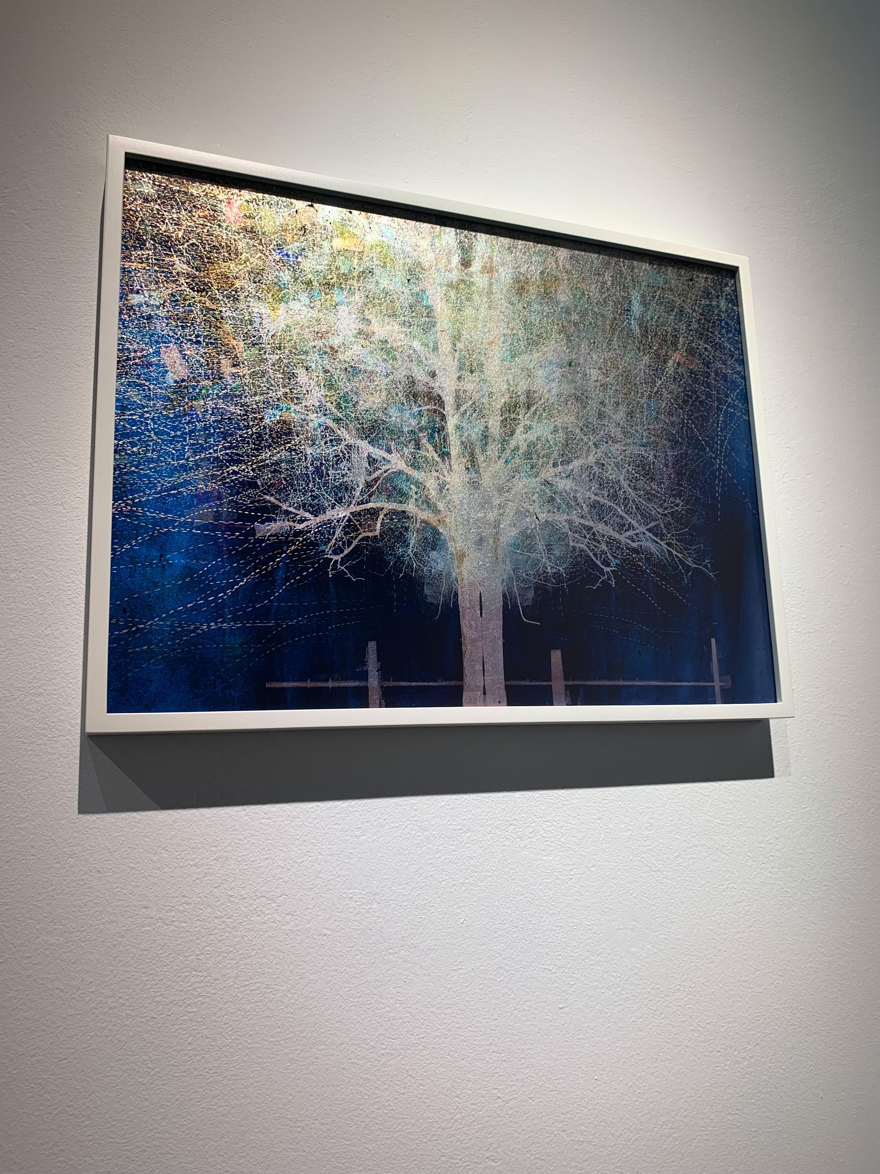 Impression d'arbre en forme de lune montante bleue sur verre avec feuille d'or blanc dans un cadre blanc - Contemporain Photograph par Valda Bailey