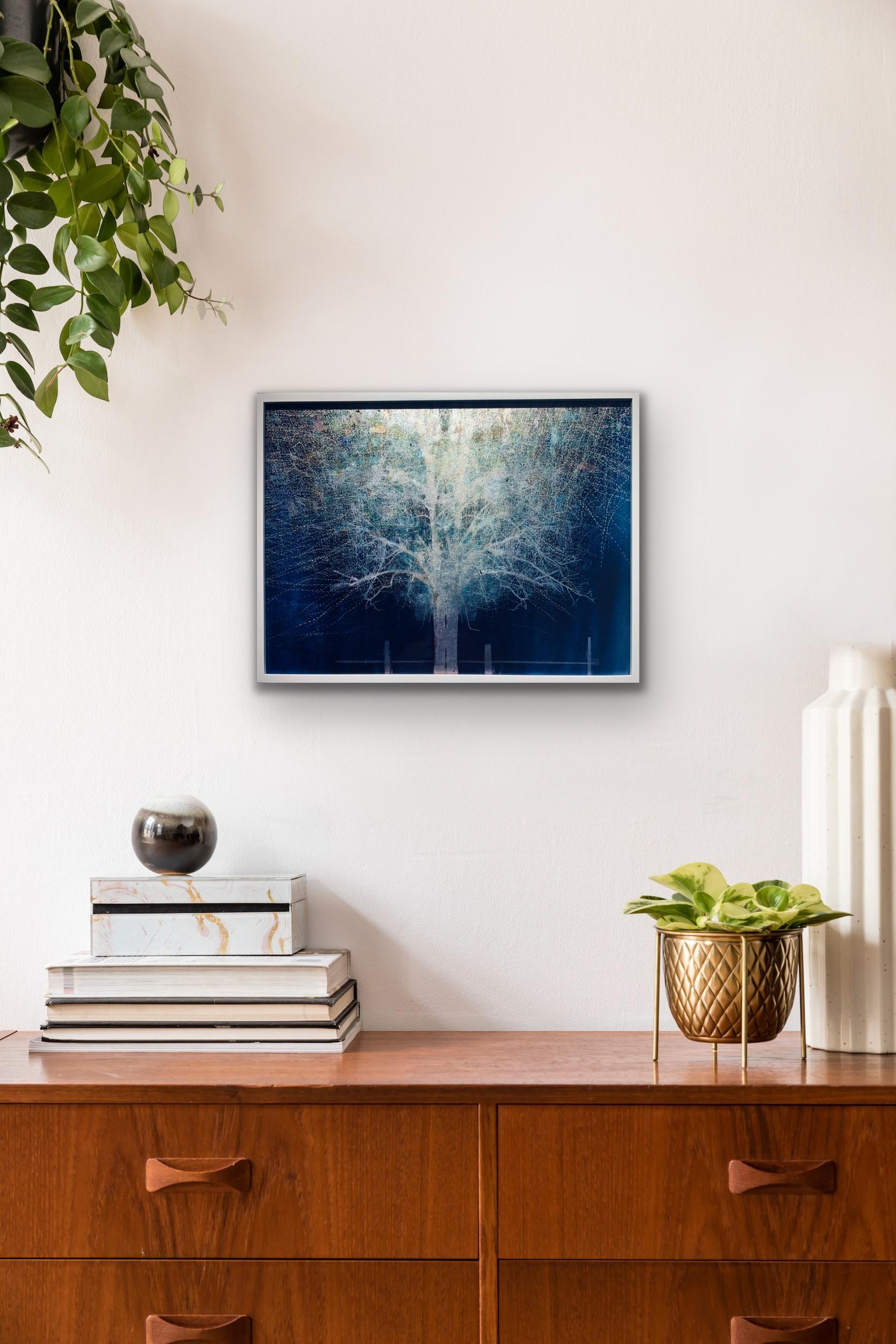Blue Moon Rising Tree Print on Glass with White Gold leaf in white frame frame - Contemporary Photograph by Valda Bailey