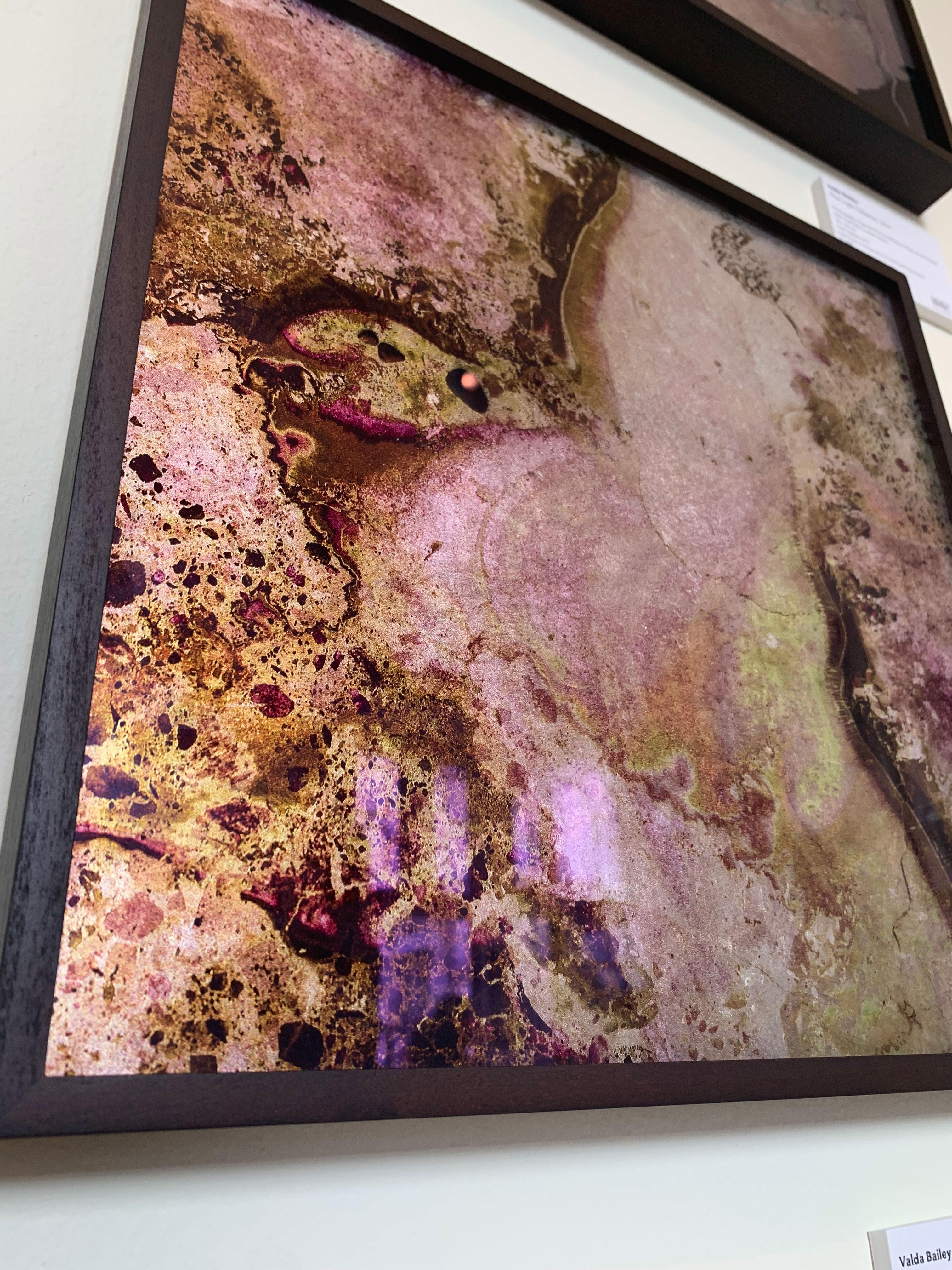 Cosmos I - Printed on Museum Glass and hand gilded with Pink and White Gold leaf - Brown Abstract Print by Valda Bailey