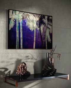 Midnight Palm trees in Nocturnal Oasis- Photograph on Glass with 23.4 karat Gold