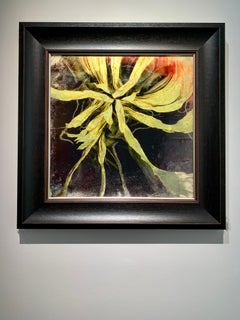 Starburst, Sunflower Print on Glass with Lemon Gold leaf, in classic wood frame