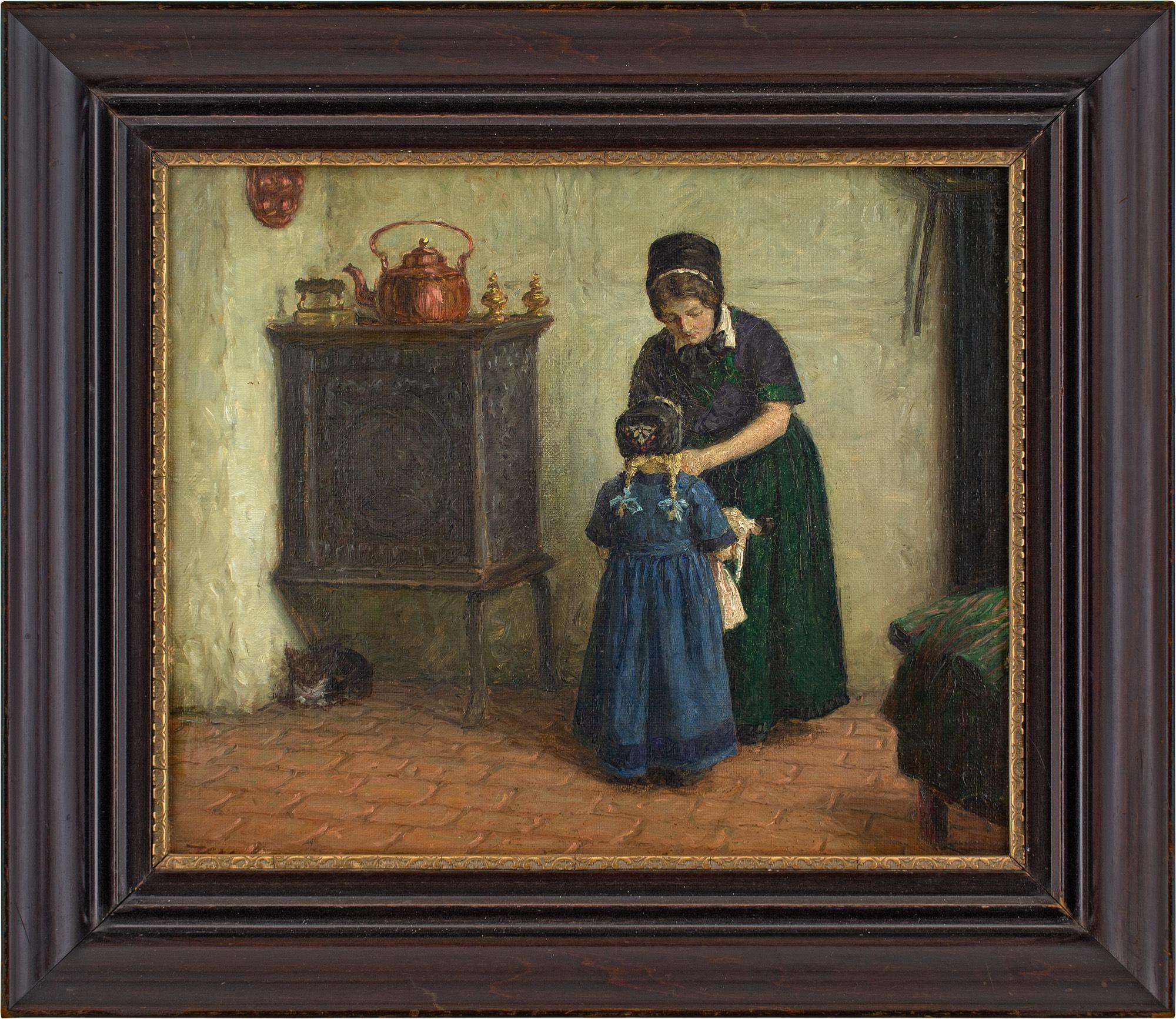 This charming early 20th-century oil painting by Danish artist Valdemar Magaard (1864-1937) depicts a mother and child within a rustic stone cottage.

Reaching down, she ties her daughter’s bonnet. Both are wearing their Sunday best. Perhaps it’s
