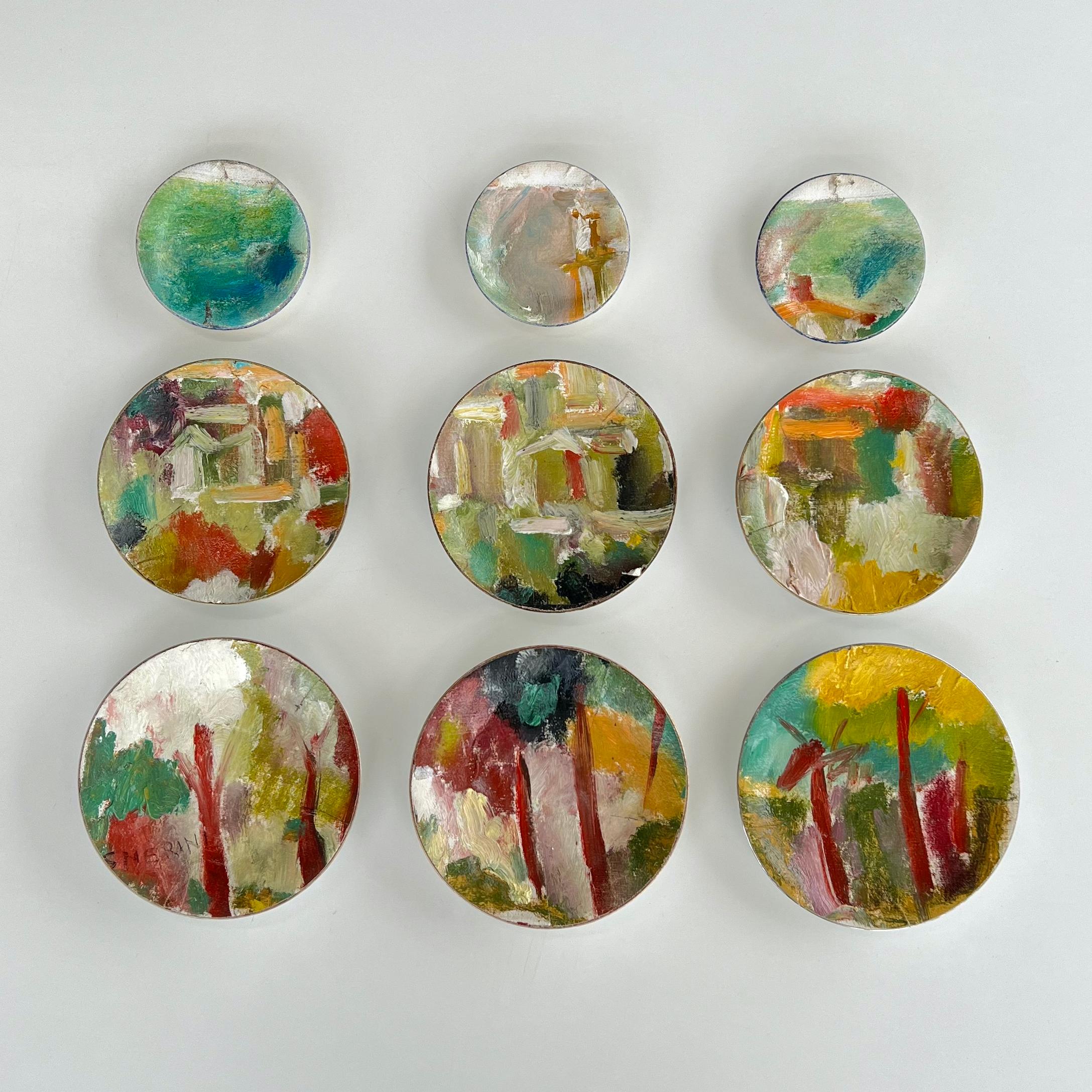 Installazione artistica a parete: Piastre di ceramica e olio su tela - 