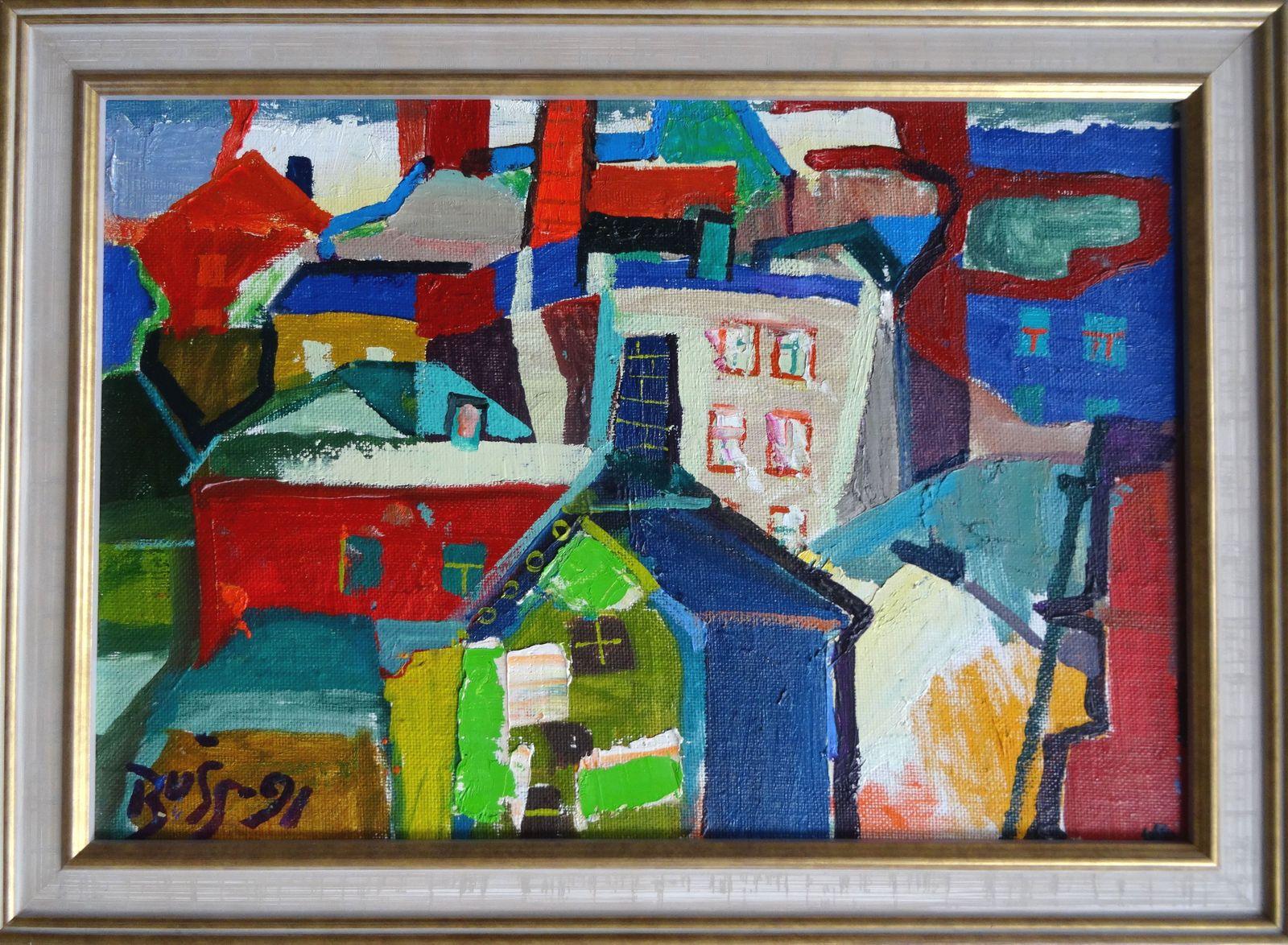 Houses. 1991. Cardboard, canvas, oil, 34.5x50.5 cm - Contemporary Painting by Valdis Bush