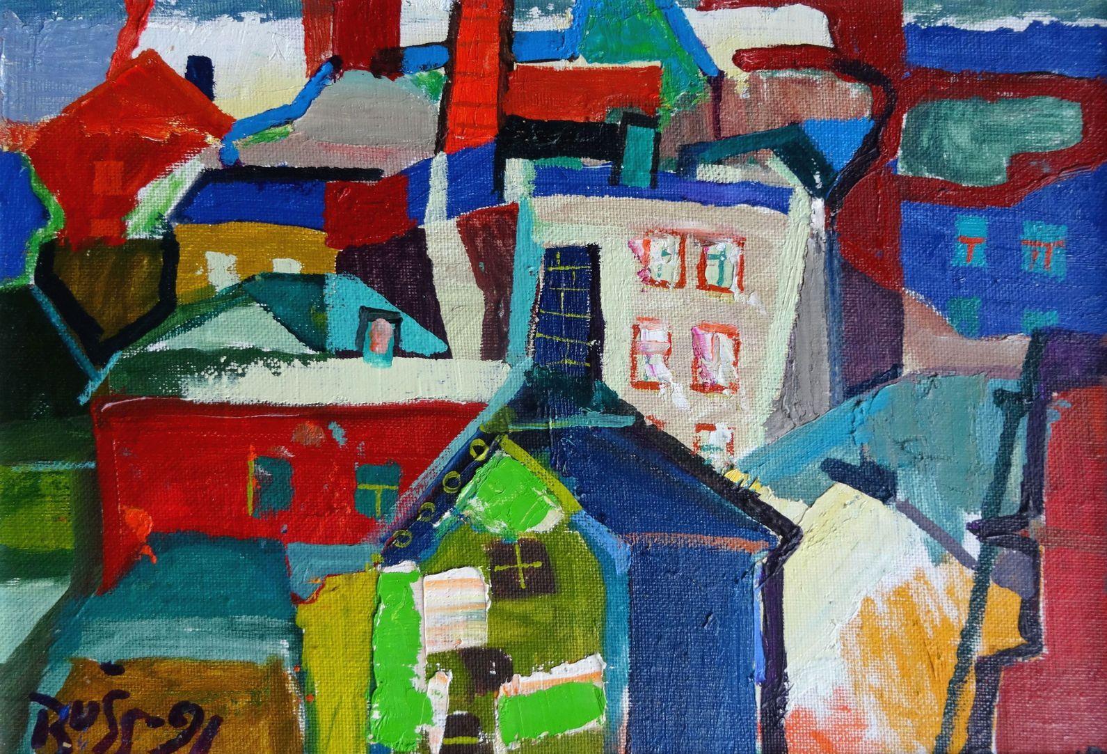 Valdis Bush Landscape Painting - Houses. 1991. Cardboard, canvas, oil, 34.5x50.5 cm