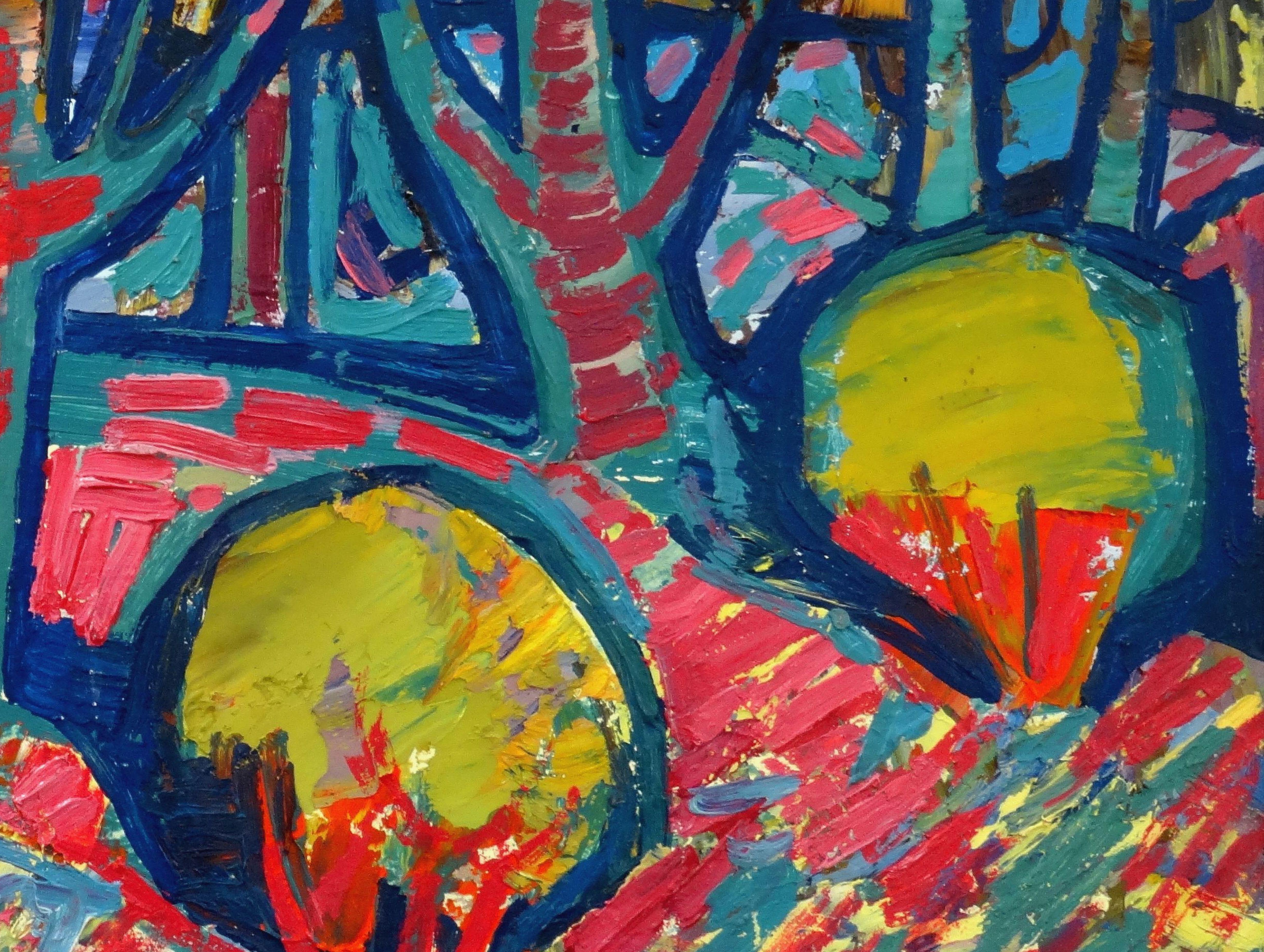 Sunset in the forest. 1972., Cardboard, oil, 46x73 cm - Expressionist Painting by Valdis Bush