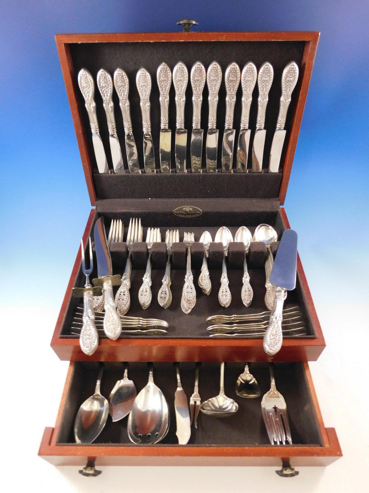 Outstanding monumental dinner size Valenciennes by Manchester sterling silver flatware set with pierced floral design - 109 pieces. This set includes:

12 dinner size knives, 8 - French blade, 9 5/8