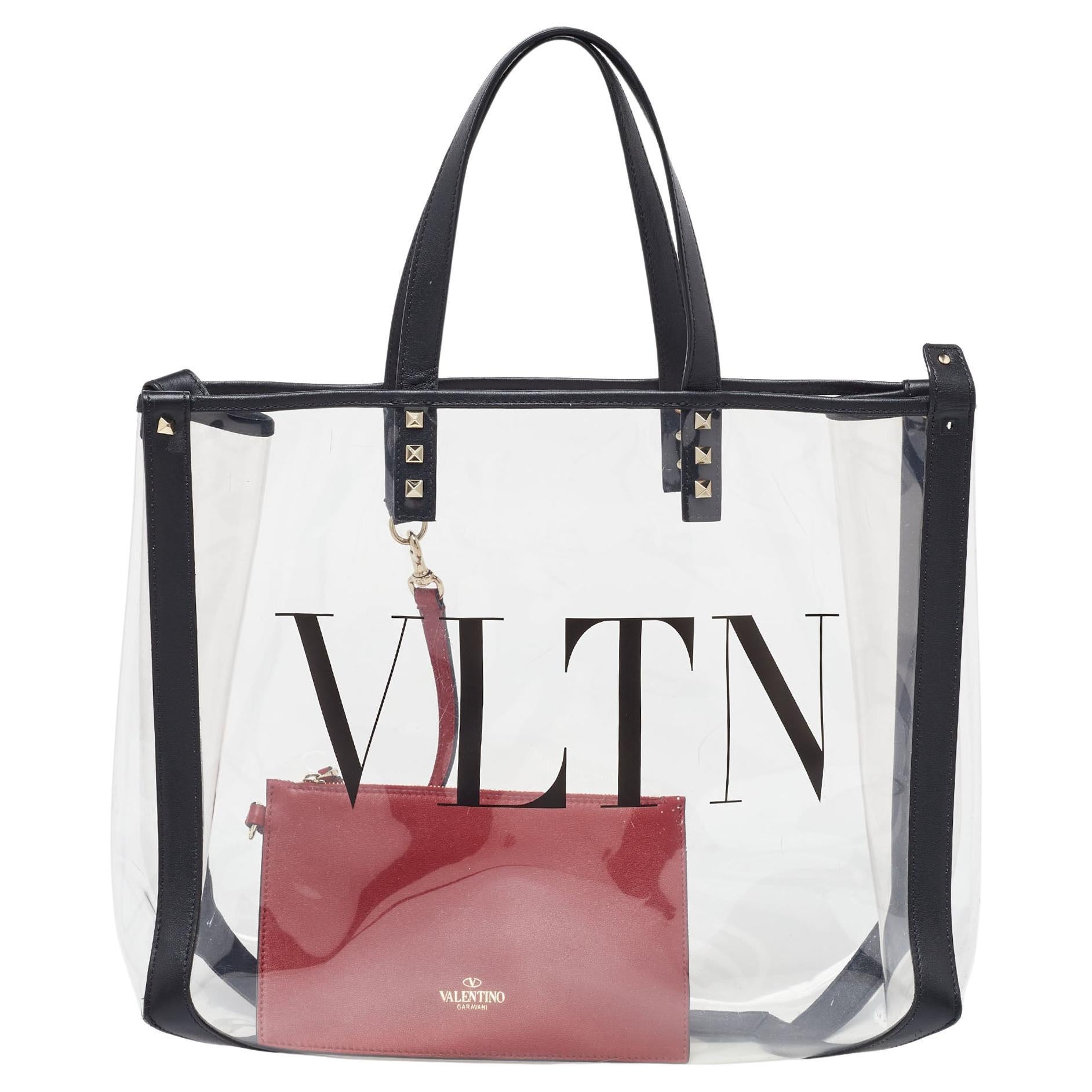 Valenitno Transparent/Black PVC and Leather VLTN Shopper Tote For Sale