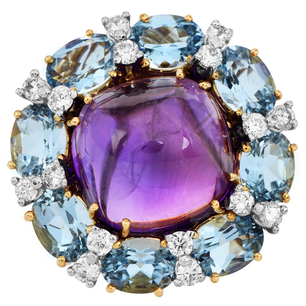 These elegant and vibrant clip earrings by Valentain Margo showcase a luxurious mix of amethyst, aquamarine, and diamonds, all beautifully set in solid 18K yellow gold. With a distinctive flower-inspired design, the earrings strike a perfect balance