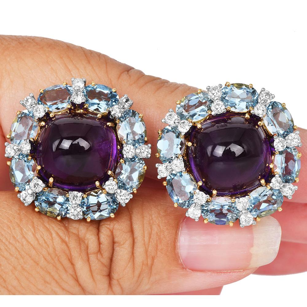 Cabochon Valentain Margo Amethyst, Aquamarine & Diamond Clip Earrings For Sale