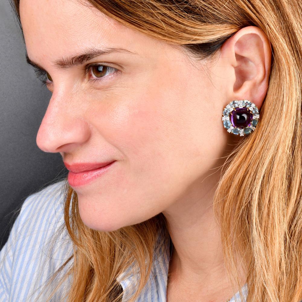 Valentain Margo Amethyst, Aquamarine & Diamond Clip Earrings In Excellent Condition For Sale In Miami, FL