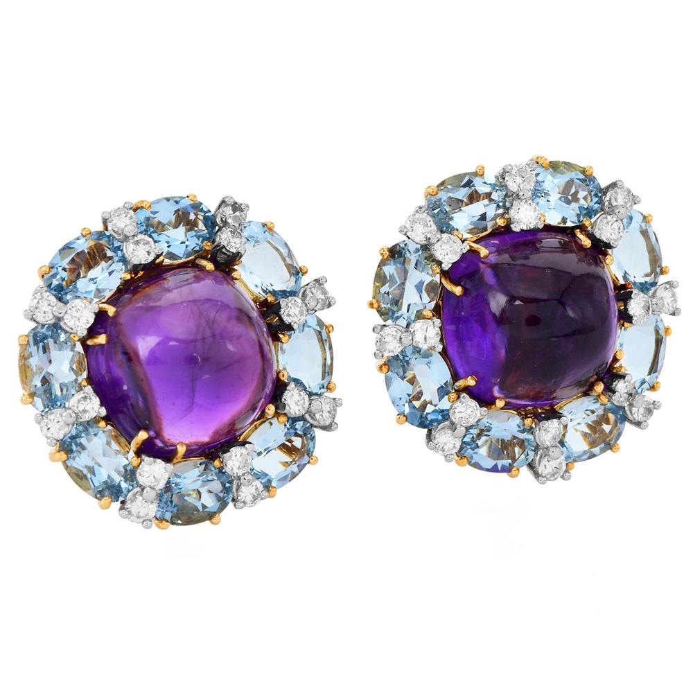 Valentain Margo Amethyst, Aquamarine & Diamond Clip Earrings For Sale 1