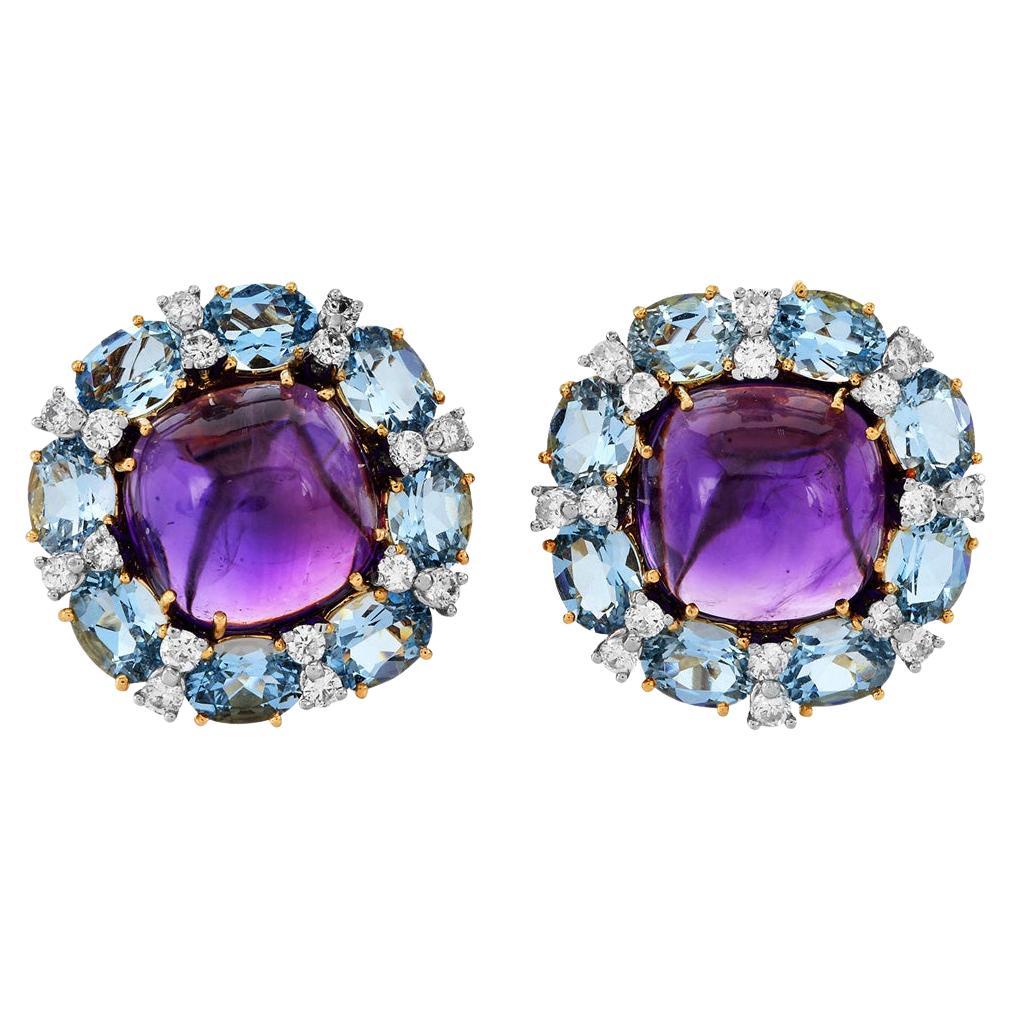 Valentain Margo Amethyst, Aquamarine & Diamond Clip Earrings For Sale