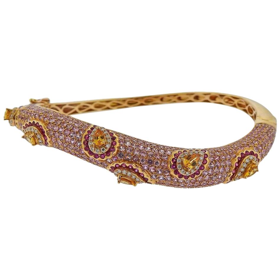 Valente 10.89 Carat Pink Sapphire Diamond Citrine Gold Bangle Bracelet