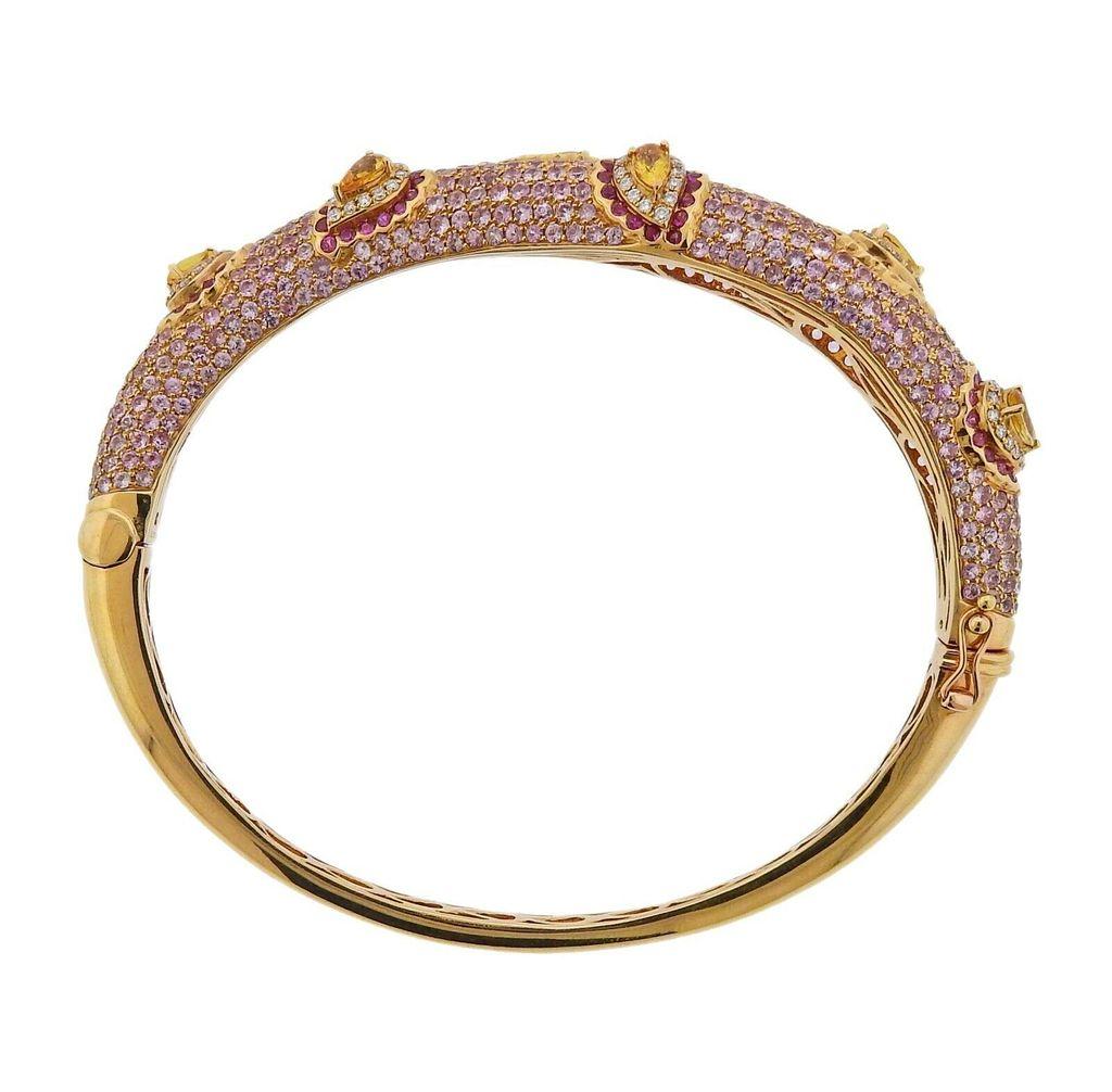 Women's or Men's Valente 10.89 Carat Pink Sapphire Diamond Citrine Gold Bangle Bracelet