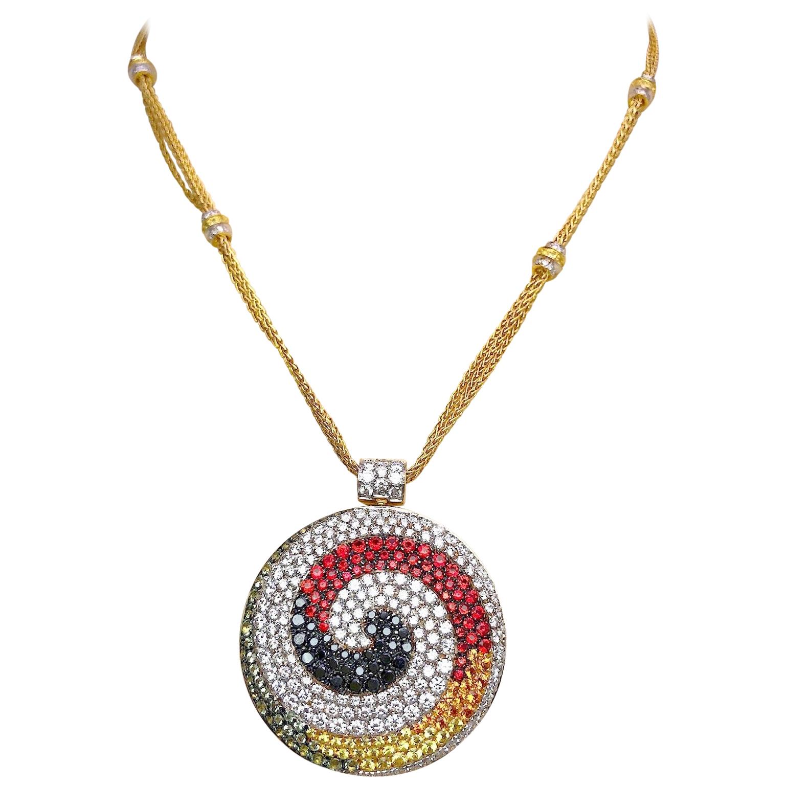 Valente 18 KT Yellow Gold Swirl Pendant with Diamonds and Multicolored Sapphires For Sale